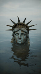 head of the Statue of Liberty partially submerged in calm water, suggesting themes of submersion, decay, or dystopia, with a dramatic, moody sky in the background