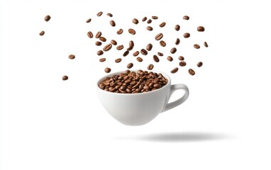 A steaming espresso cup floating mid-air with coffee beans scattered around, isolated on white