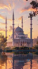 Fototapeta premium luxurious and magnificent mosque building, with a large and beautiful garden, with a beautiful view of the sunset in the afternoon