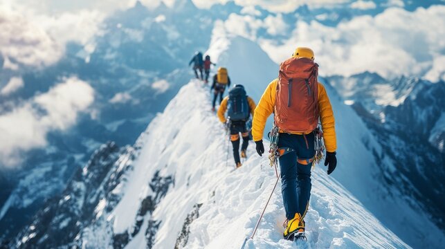 Teamwork in action: group of people climbing a peak on a mountain, embracing unity and collaboration in a challenging outdoor adventure