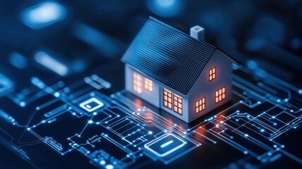 Smart Home Technology Concept with Miniature House and Circuit Board Design Illuminated with LED Lights
