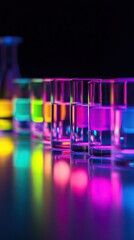Colorful liquids in glass beakers on dark background.