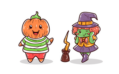 Witch and pumpkin character vector illustration