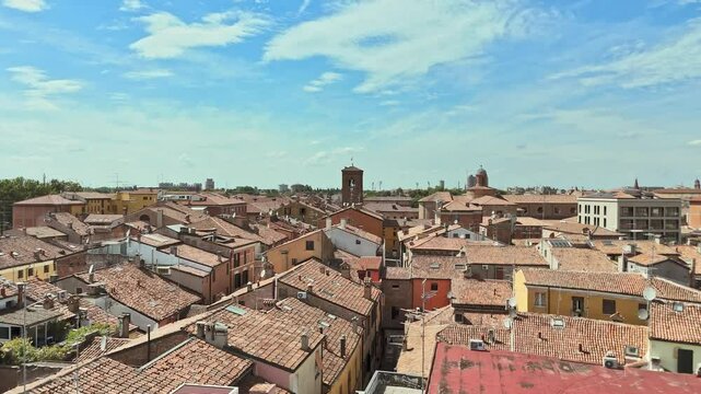 Landmarks of Italy - beautiful medieval town Ferrara in Emilia Romagna. Aerial drone view of historic center with castle and duomo. High quality footage in 4k format
