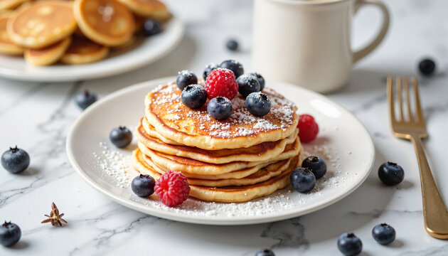 Good food berry pancakes with raspberries, blueberries, and powdered sugar - Powered by Adobe