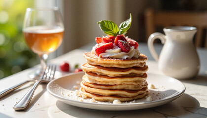 Good food strawberry pancakes with whipped cream and basil leaf
