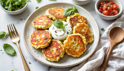 Good food zucchini fritters with fresh herbs and sour cream dip
