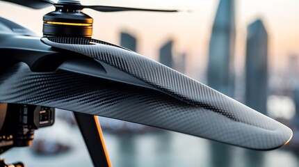 Close-up of a Drone's Carbon Fiber Arm Against City Skyline