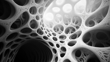 Abstract 3D Monochrome Network Structure Intricate, Cellular, Organic, Fractal, Weblike Design. Generative Ai.