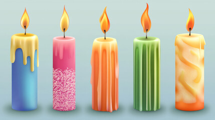 Candles collection. Decorative birthday celebration wax candles flame different types vector realistic pictures