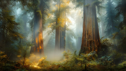 Obraz premium Misty Redwood Forest: Sunlight Through Ancient Trees