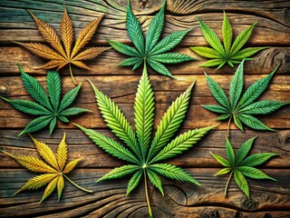 Fototapeta premium Panoramic cannabis leaf illustration, digitally rendered on a wood log background. High-resolution stock image.