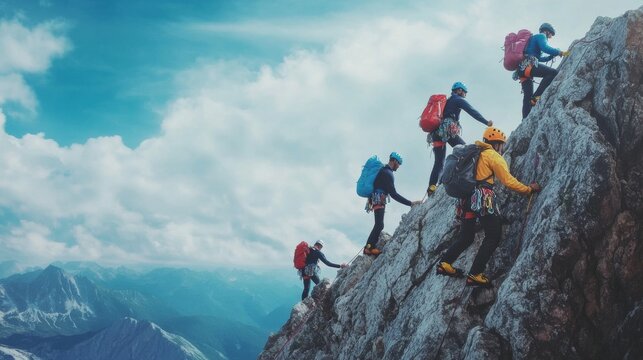 Teamwork in action: group of people climbing a peak on a mountain, embracing unity and collaboration in a challenging outdoor adventure - Powered by Adobe