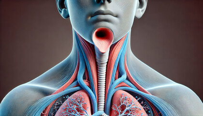 A 3D model of the human throat illustrating airflow through the trachea, designed for educational and healthcare visualization.