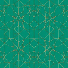 Geometric Teal and Gold Pattern: A seamless pattern of intricate gold lines on a teal background creates a sophisticated and modern design. The geometric shapes are abstract and elegant.