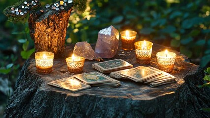 Esoteric oracle cards spread out on a weathered tree stump, pic - Powered by Adobe