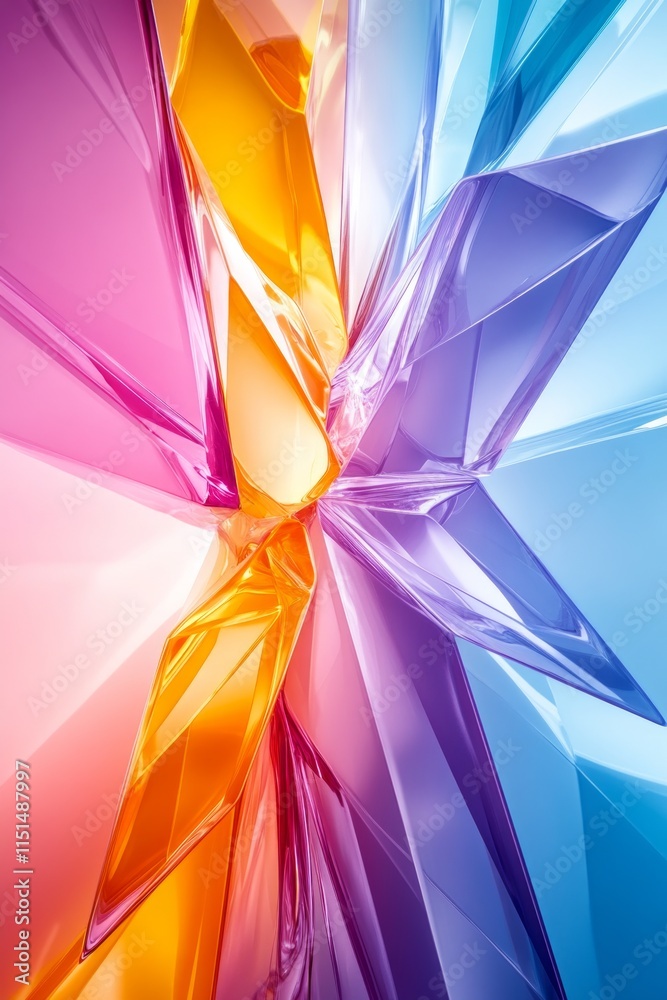 Poster bright, abstract shapes intertwine, creating a captivating pattern of colors reflecting light beauti
