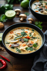 Tom Kha Gai, a coconut milk soup with chicken and green chili, served in black bowls on a dark wooden table