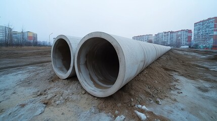 Large concrete pipes, designed for drinking water supply, rest on a gravel-covered surface near newly constructed buildings, indicating ongoing urban development efforts