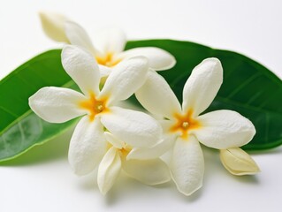Fototapeta premium white flowers with yellow centers on green leaves