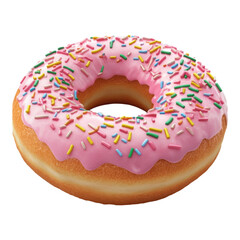 Pink iced donut icon, adorned with colorful sprinkles, designed with a transparent background for versatile use in digital projects.