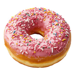 Pink iced donut icon, colorful sprinkles, transparent background, perfect for digital design, food-related projects, playful graphics