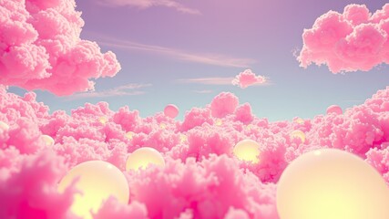 Obraz premium Dreamy Pink Cloud Spheres Fantasy Landscape - Vibrant AI Art