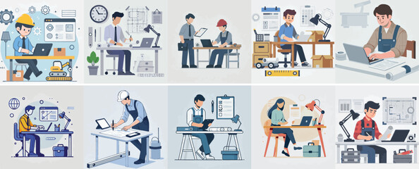 vector set of a teenager working on a project with a simple flat design style