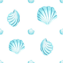 Turquoise seashells of scallops. Seamless pattern of oceanic reef animals. Hand drawn watercolor illustration. Nautical design in tropical sea stile and Mediterranean. Template for wallpaper, textile.