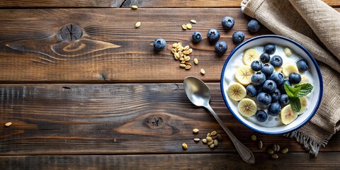A delightful bowl of creamy yogurt topped with fresh blueberries and sliced bananas, accompanied by a spoon and scattered grains, rests on a rustic wooden surface.