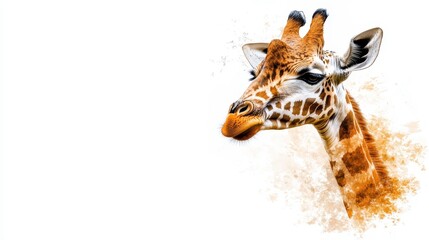 Elegant Giraffe Portrait with Splashing Watercolor Background, Showcasing the Unique Features and Graceful Nature of This Majestic African Animal
