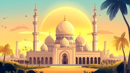 luxurious and magnificent mosque building, with a large and beautiful garden, with a beautiful view of the sunset in the afternoon