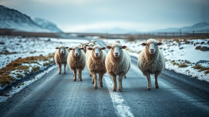 Naklejka premium Faroe Islands Sheep Snowy Road - AI Photorealistic Landscape