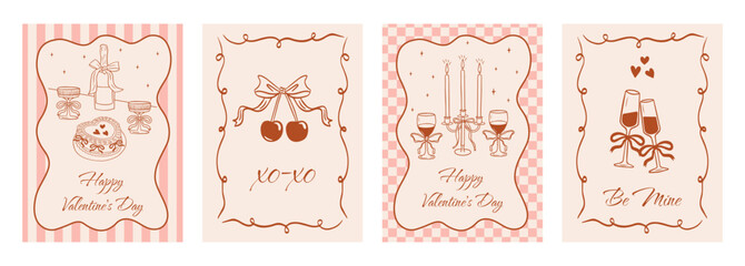 Big set of vintage greeting cards for Valentine's Day in coquette style. Vector romantic border with ribbon frame and bow in the la Dolce Vita aesthetic. Doodle hand drawn glasses, cake, cherry etc.