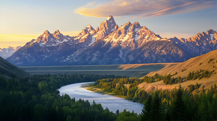 Majestic Sunrise over Snow-Capped Mountains and River
