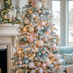 Obraz premium A beautifully adorned Christmas tree with pastel ornaments and snow-covered branches in a cozy, elegant living room setting, emanating holiday warmth and cheer.