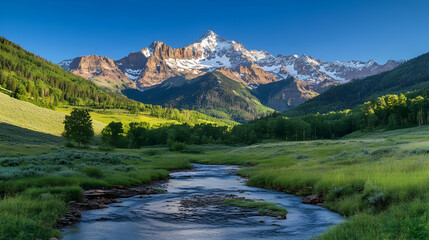 Fototapeta premium Majestic Mountain Landscape with River and Green Meadow