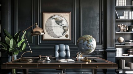 Elegant globe displayed on a dark navy wooden desk showcasing countries in grey tones