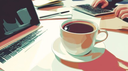 Modern Business Workspace Featuring a Laptop, Coffee Cup, and Documents on a Desk in a Professional Office Setting with Business Professionals Collaborating in the Background, Ideal for Corporate Them