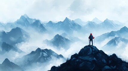 hiker standing on a mountain peak surrounded by fog