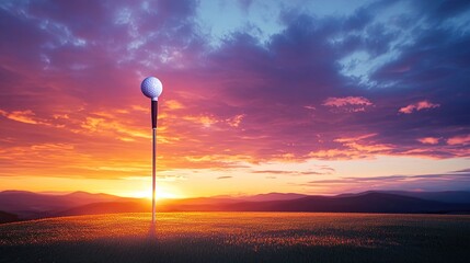 Fototapeta premium Golf ball on tee at sunset, mountain backdrop.