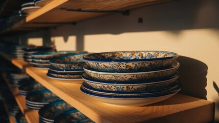 Stacked Decorative Bowls On Wooden Shelf