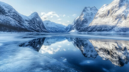 Majestic Winter Landscape: Frozen Lake Reflecting Snowy Mountains