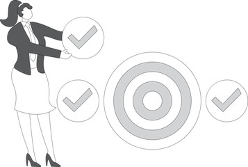 Step by step improvement to reach a goal or complete a task, the road to success, project management or self-improvement, Businesswoman holding check mark as steps step by step to the bullseye