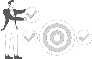 Step by step improvement to reach a goal or complete a task, the road to success, project management or self-improvement, Businessman holding check mark as steps step by step to the bullseye