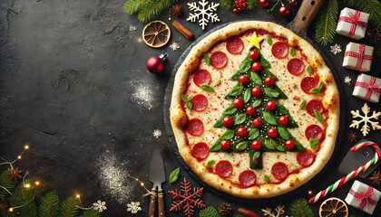 Christmas tree shaped pizza is laying on black background