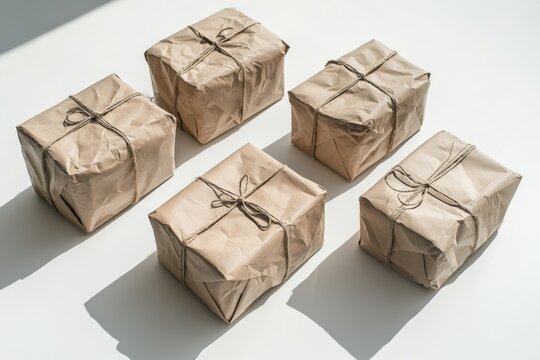 Six wrapped brown paper packages with string on a white surface