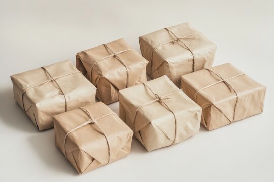 seven brown packages wrapped in string