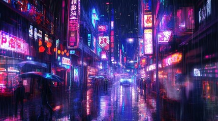 Fototapeta premium A futuristic street with neon-lit storefronts, holographic advertisements, and rain-soaked streets.