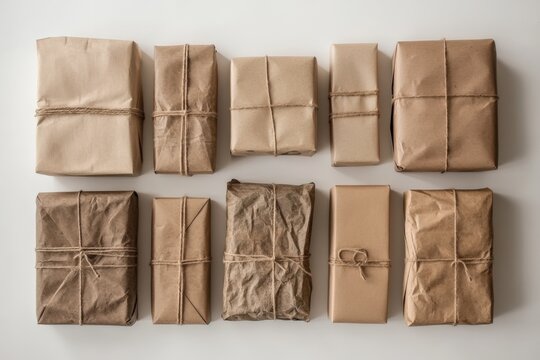 a group of gifts wrapped in brown paper with string
